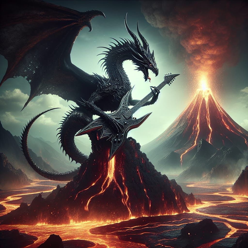 Black Dragon Plays Guitar At Volcano in Digital Matte Painti...
