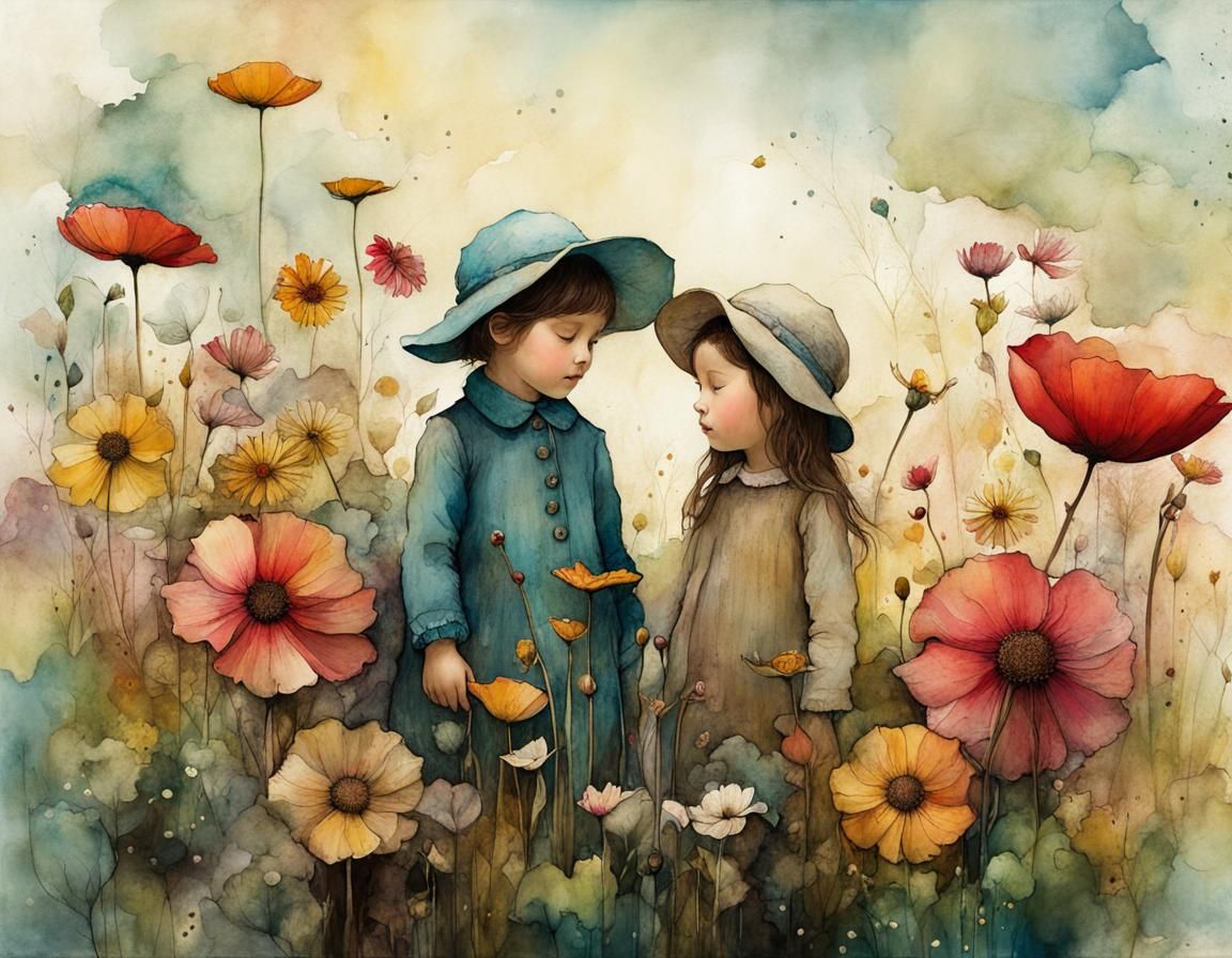 Magical Garden: Children Surrounded by Giant Flowers