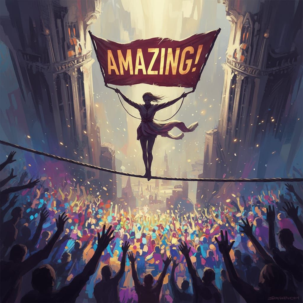 Amazing! Tightrope Walker Holds Sign High in Concept Art Sty...
