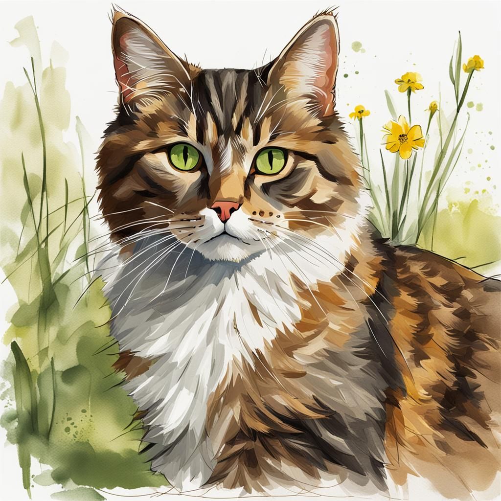 Botanical Sketch of a Brown and White Cat