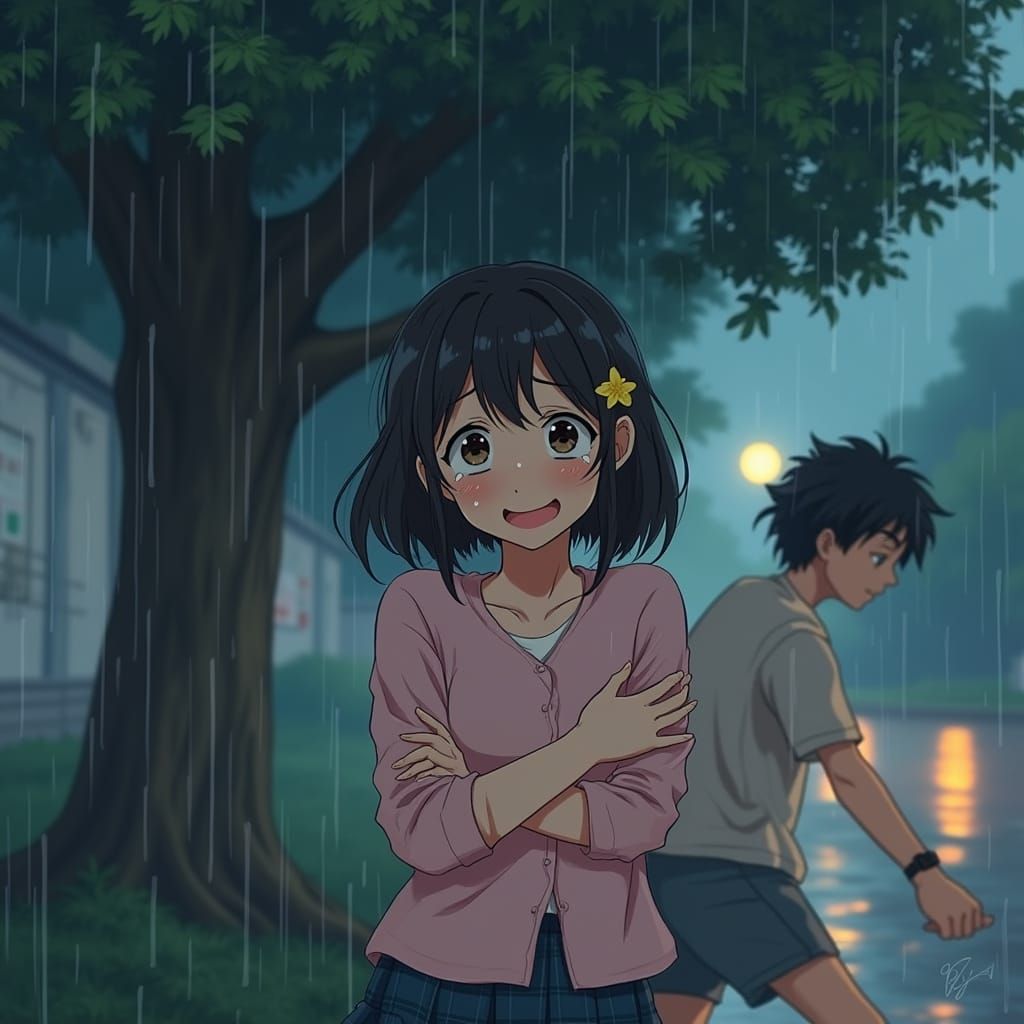 Emotional Campus Scene with Rain Tree, Realistic Style