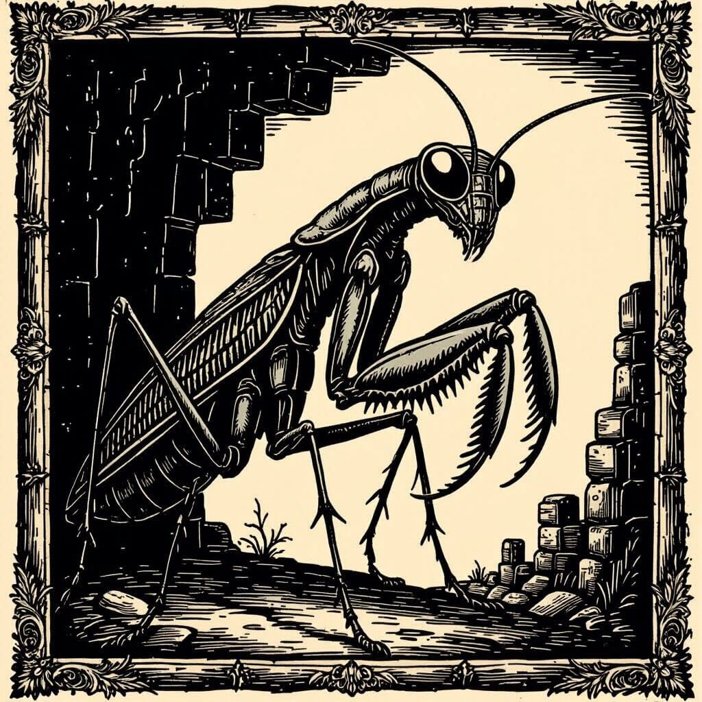 Archaic Medieval Woodcut of Alien Praying Mantis Creature