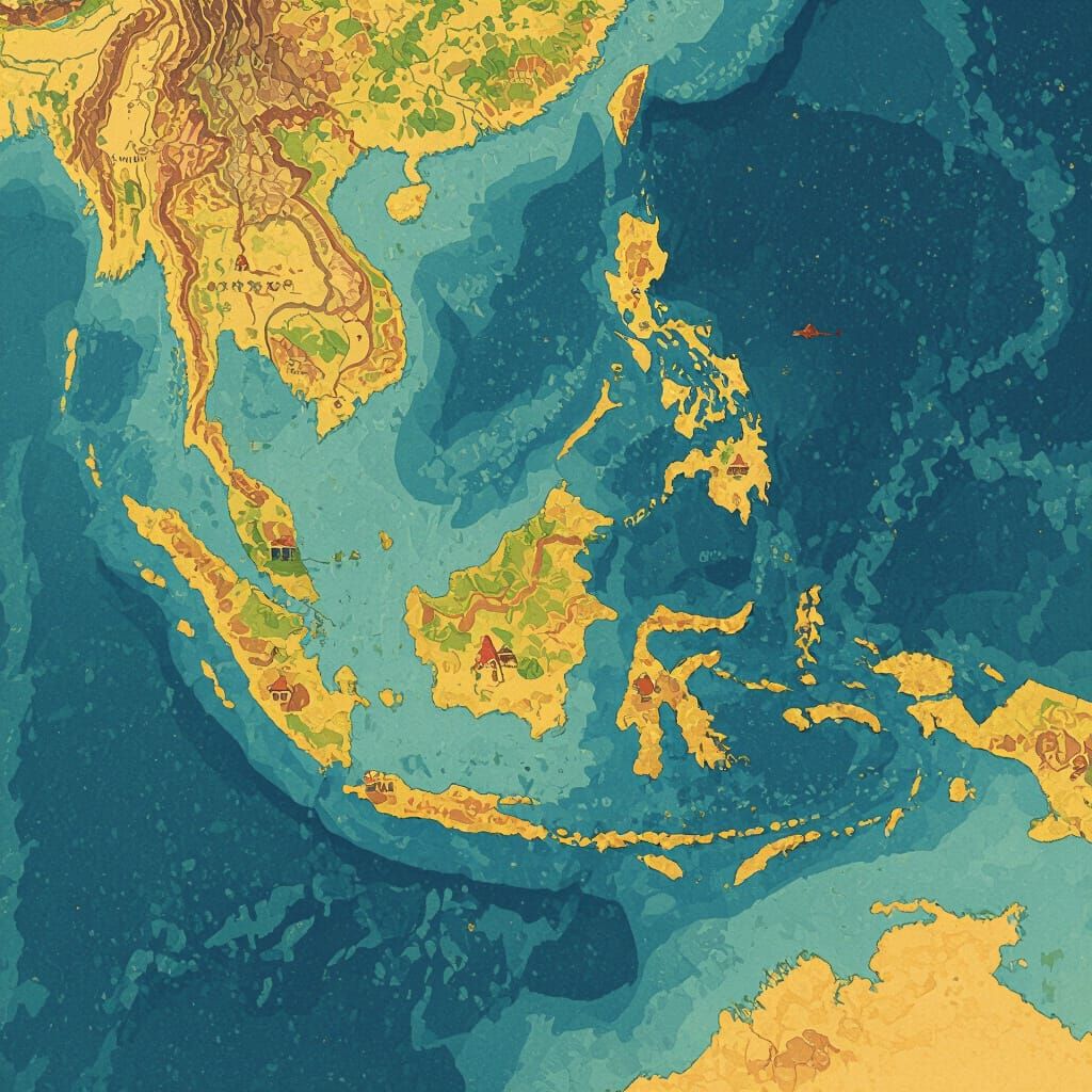 Vibrant Artistic Map of Indonesia with Cultural Landmarks