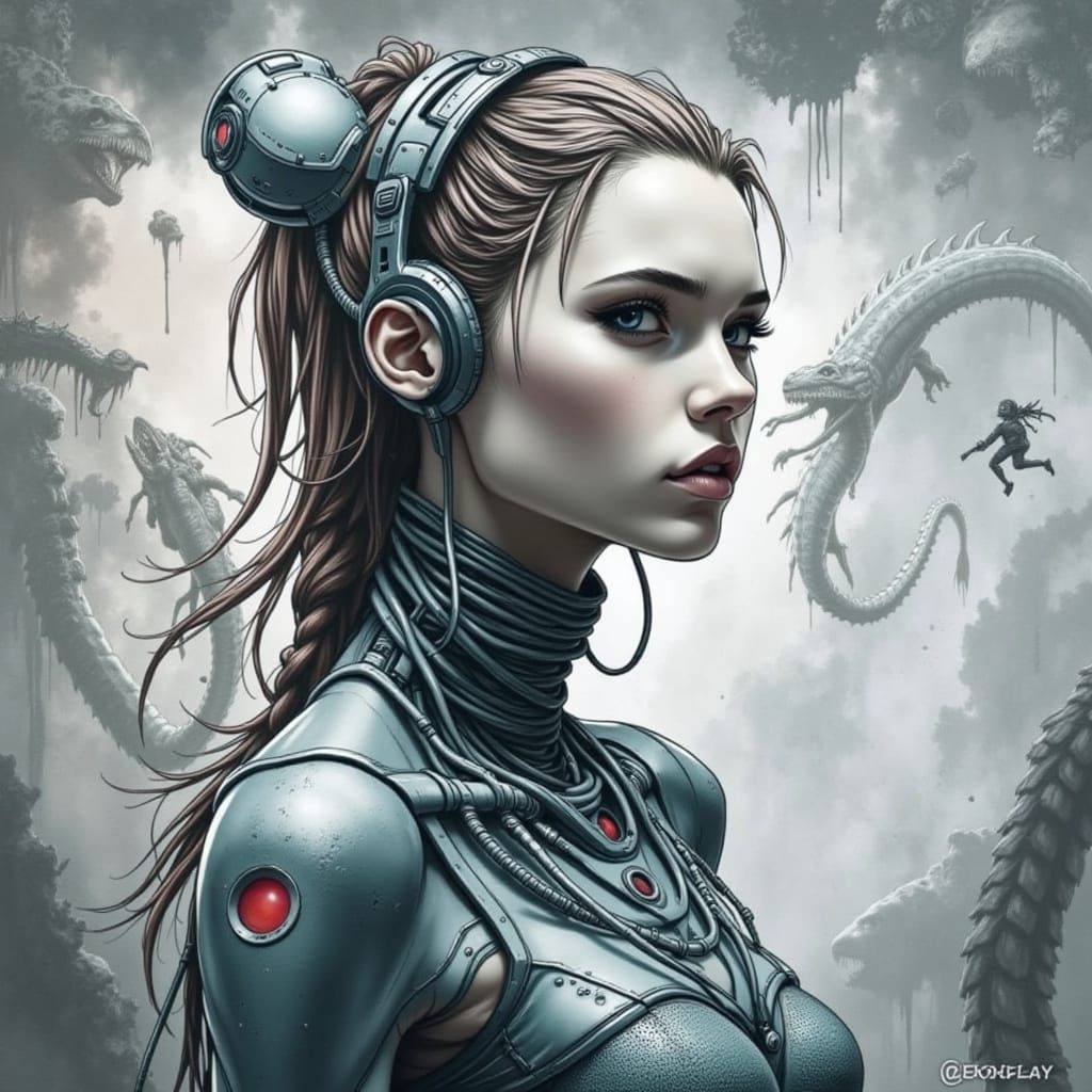 Cyborg and Prehistoric Predators in Black Light