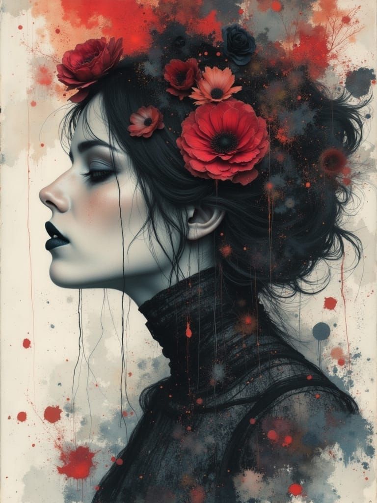 Ethereal Goth Woman in Watercolor and Alcohol Ink