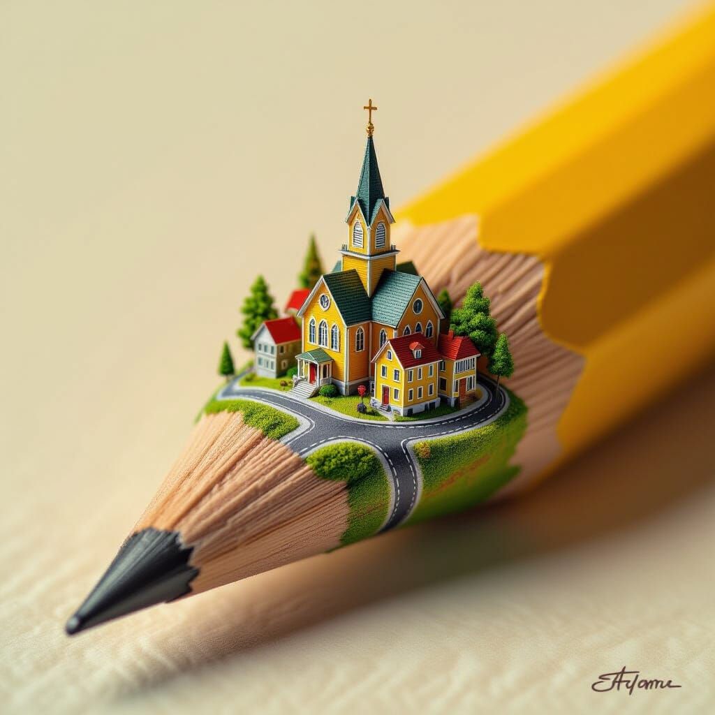 Idyllic Town Rests on Pencil Tip in Hyperrealistic Airbrush ...