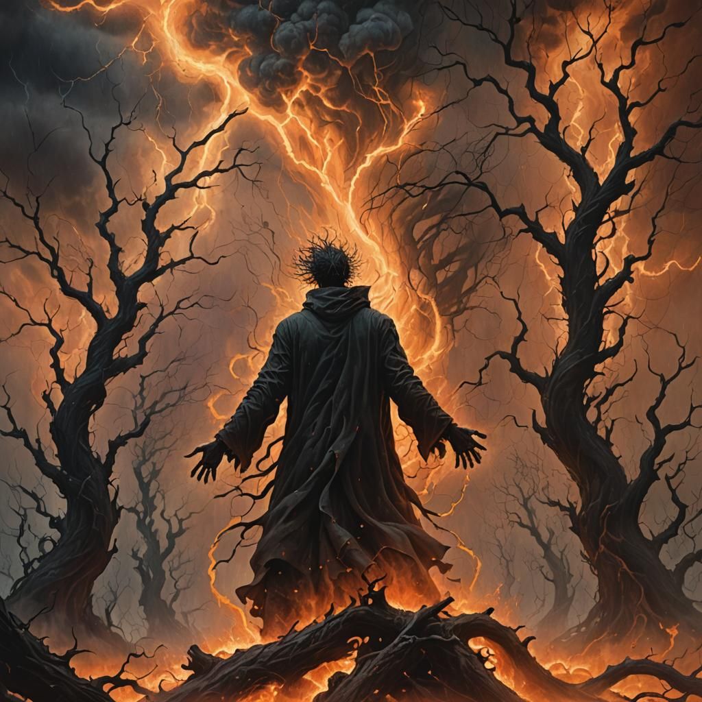 Grimdark Figure Amidst Chaotic Storm