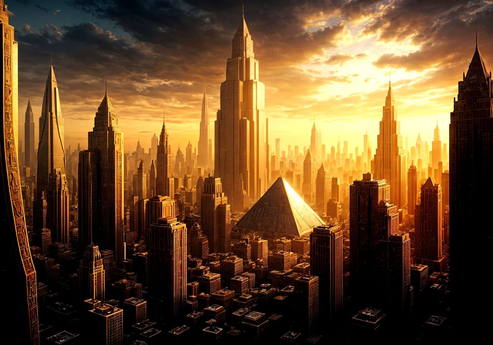 Egyptian Revival City with Modern Pyramid at Sunset