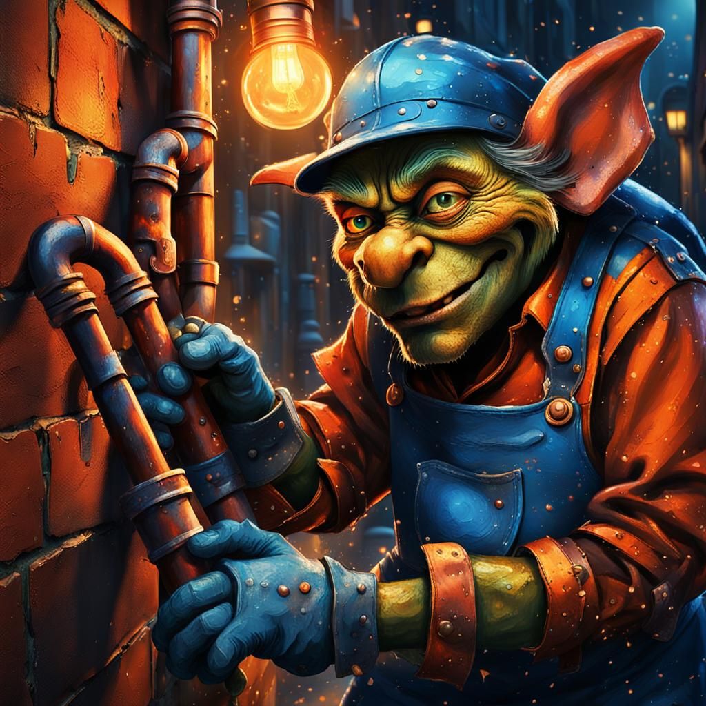Goblin Plumber Repairs Pipe in Dim Alleyway