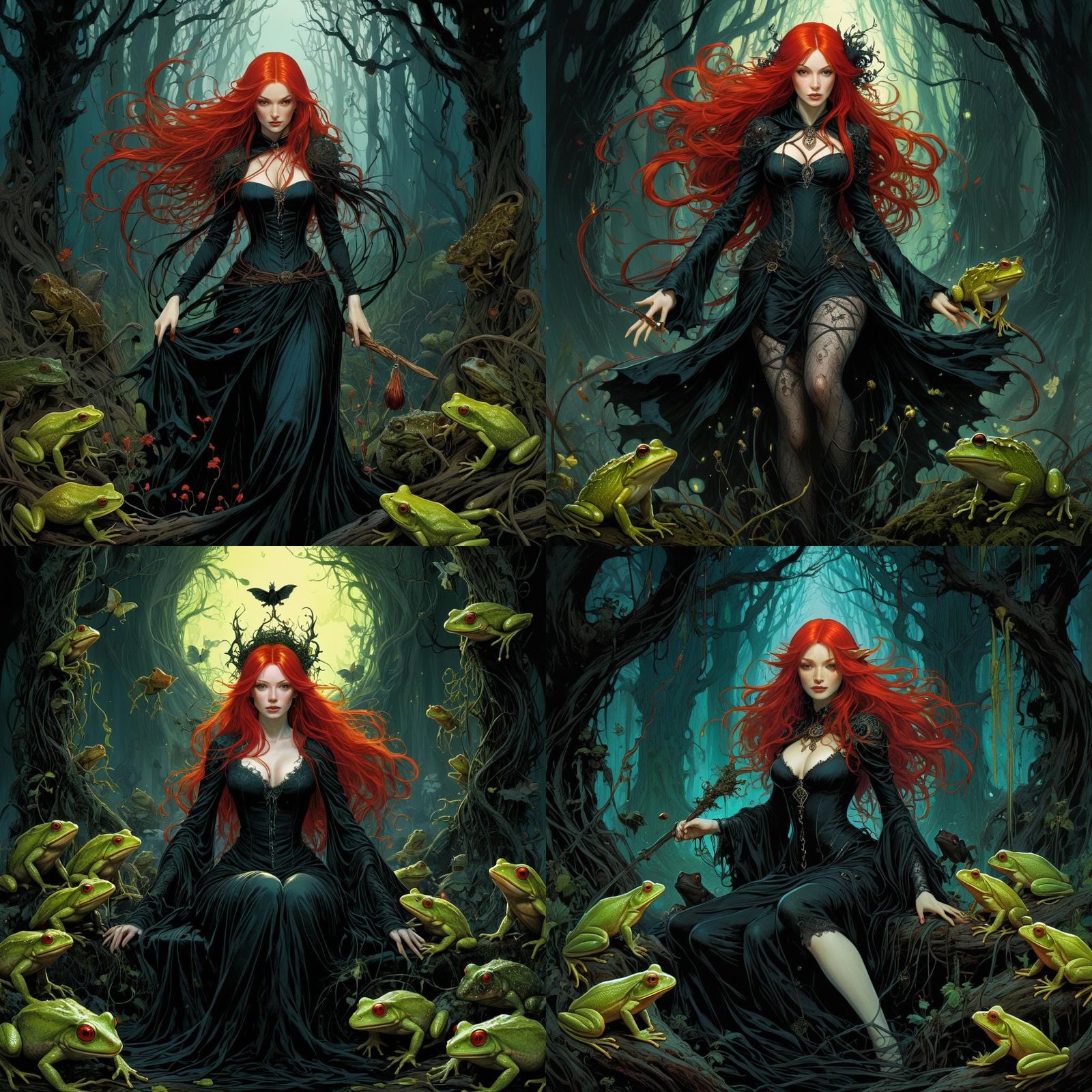 Cursed Witch Surrounded by Frogs in Concept Art Style