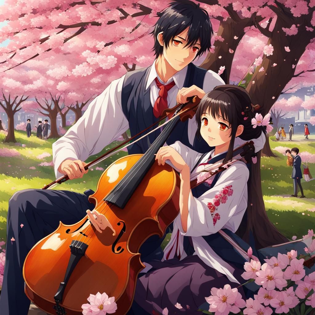 Anime Students Playing Cello and Violin