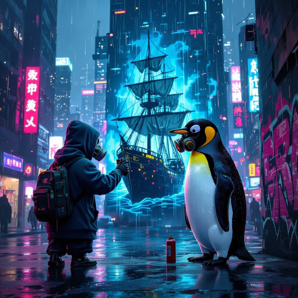Cyberpunk Penguin Graffiti Artist Paints Whaling Ship