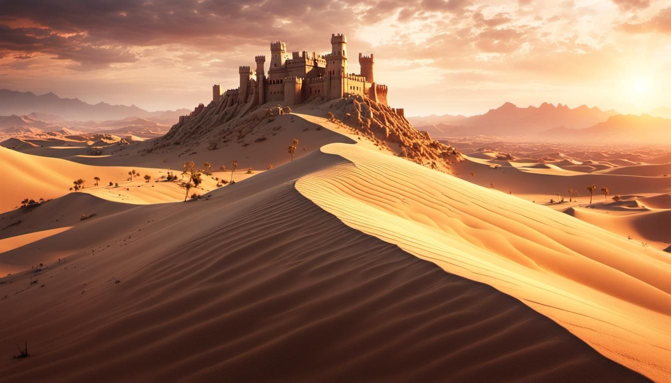 Castle Amidst Swirling Dunes in Radiant Golden Light