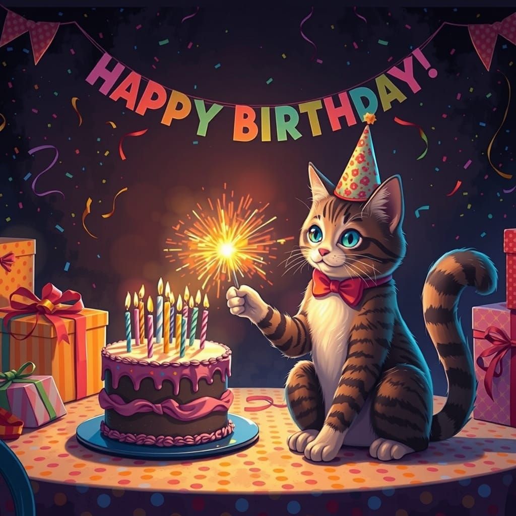 Whimsical Cat Celebrates Birthday in Colorful Synthwave Styl...