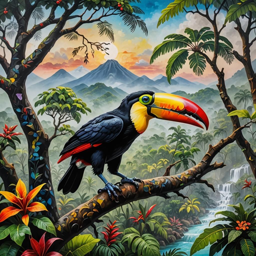 Vibrant Rainforest Scene with Toucan and Panther