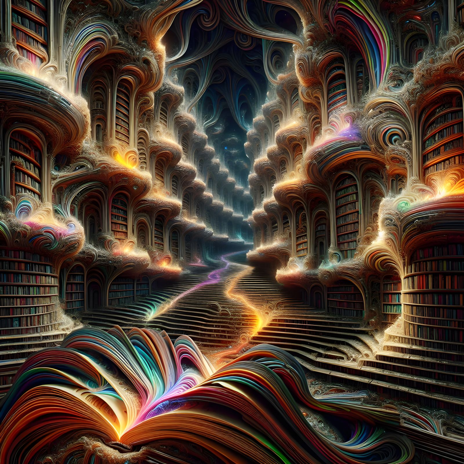 Surreal Library with Gothic Architecture and Portals