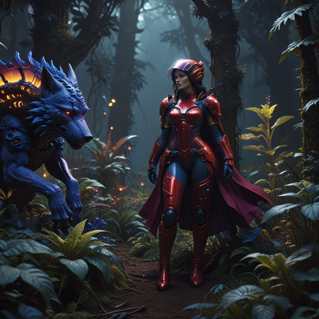 Blue Alien Wolf Encounters Red Rider in Neon Jungle