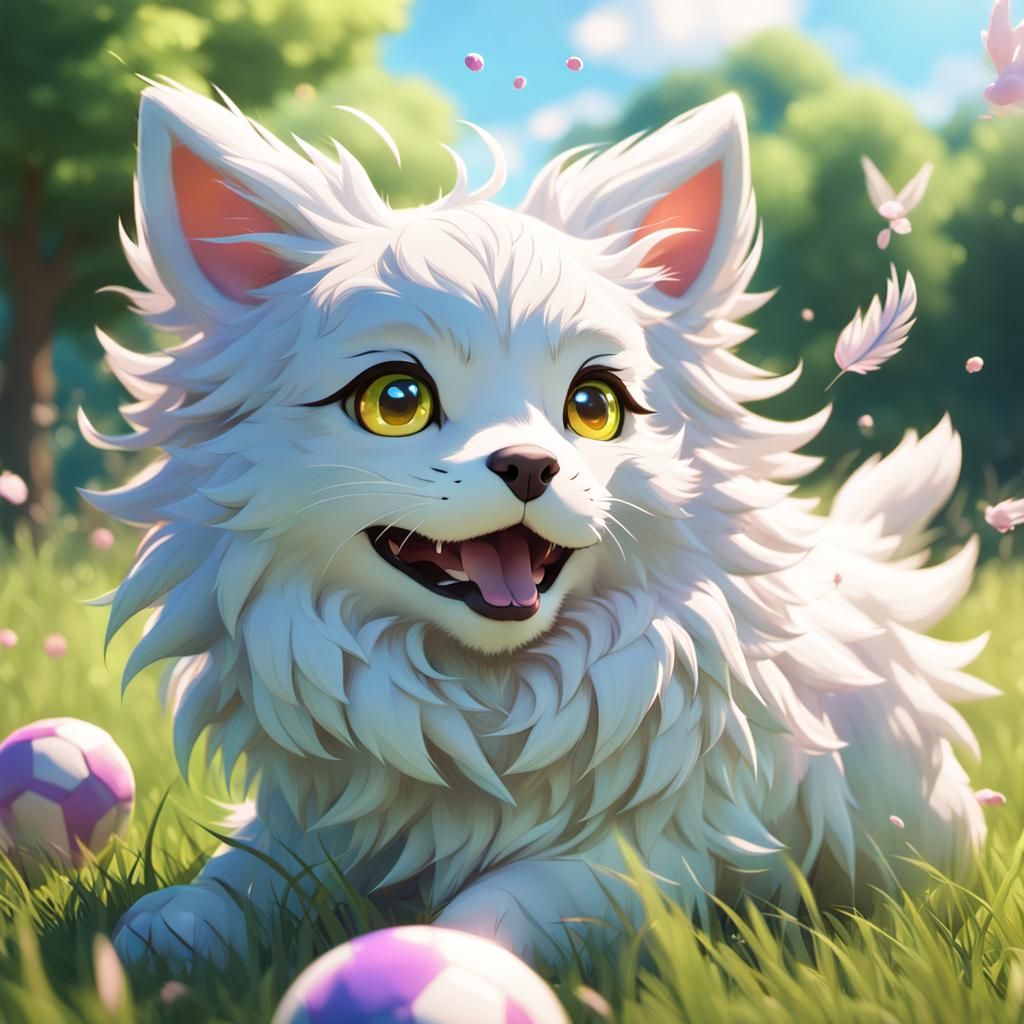 Whimsical Anime Girl Plays with Ball in Sunny Meadow