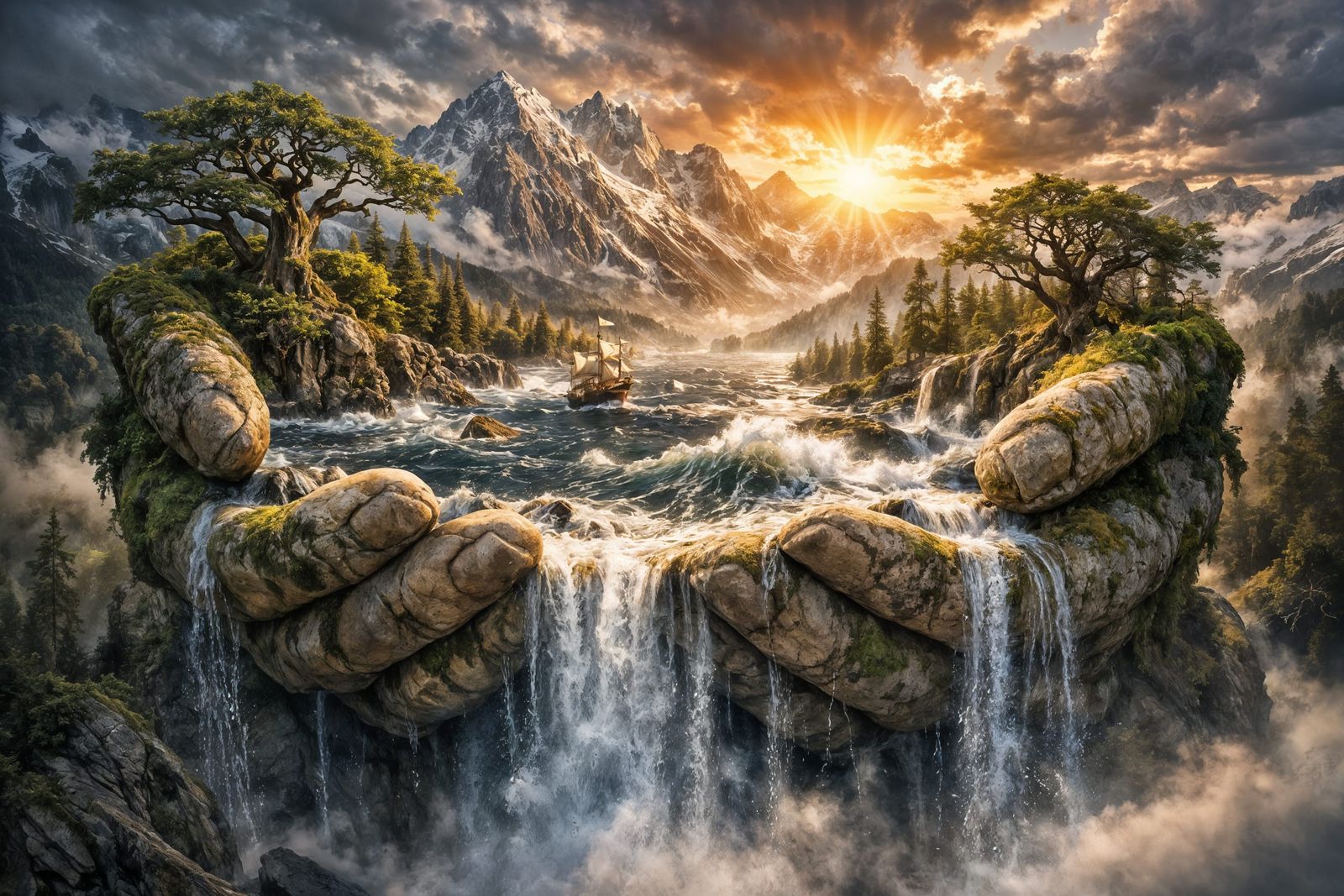 Fantasy Landscape Held in Giant Stone Hands at Sunrise