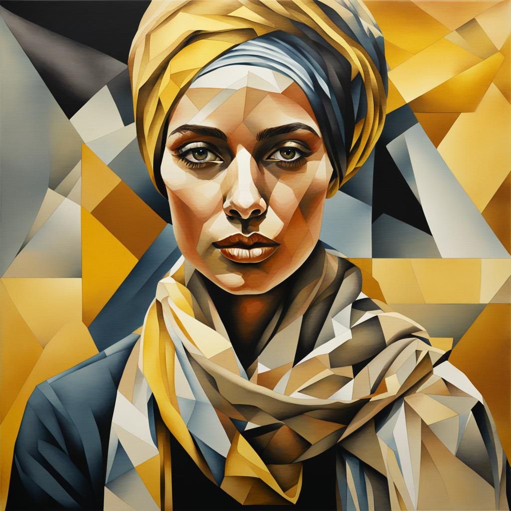 Geometric Portrait of Woman with Turban in Art Deco Style