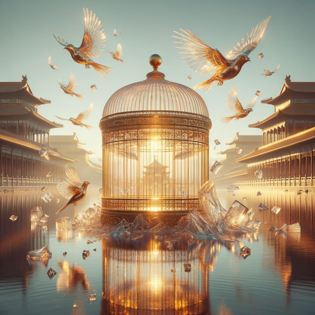 Surreal Birdcages Float by Ming Dynasty Palace at Dawn