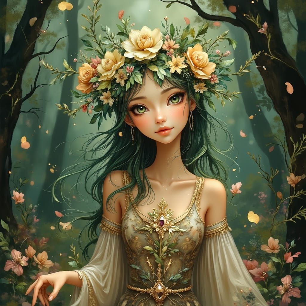 Anime Druid with Sunstone Headdress in Moody Forest