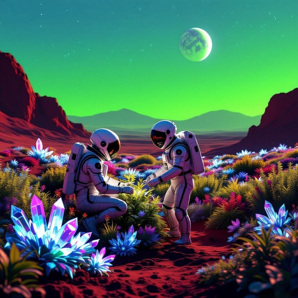 Astronaut Tends Alien Garden on Terraformed Mars