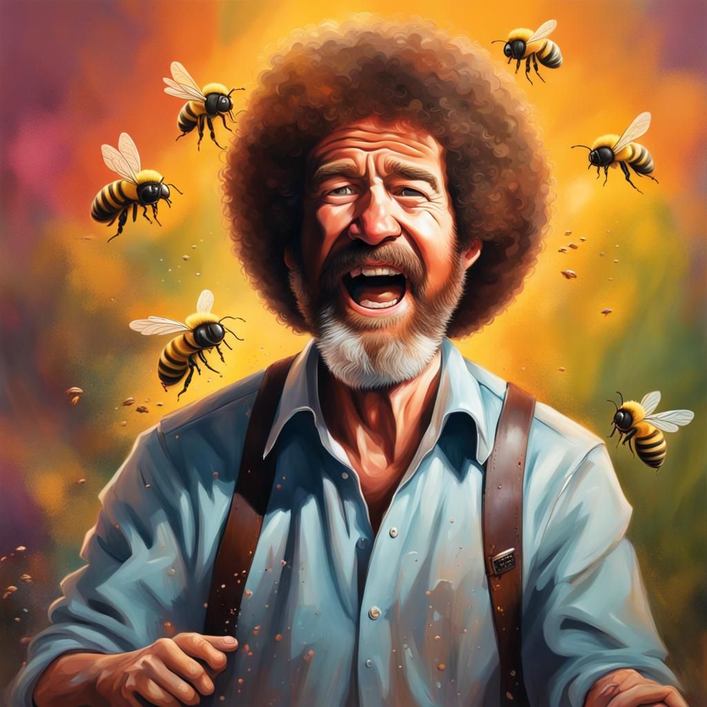 Bee Sting Incident: Bob Ross in Pain, Hyperrealistic Art