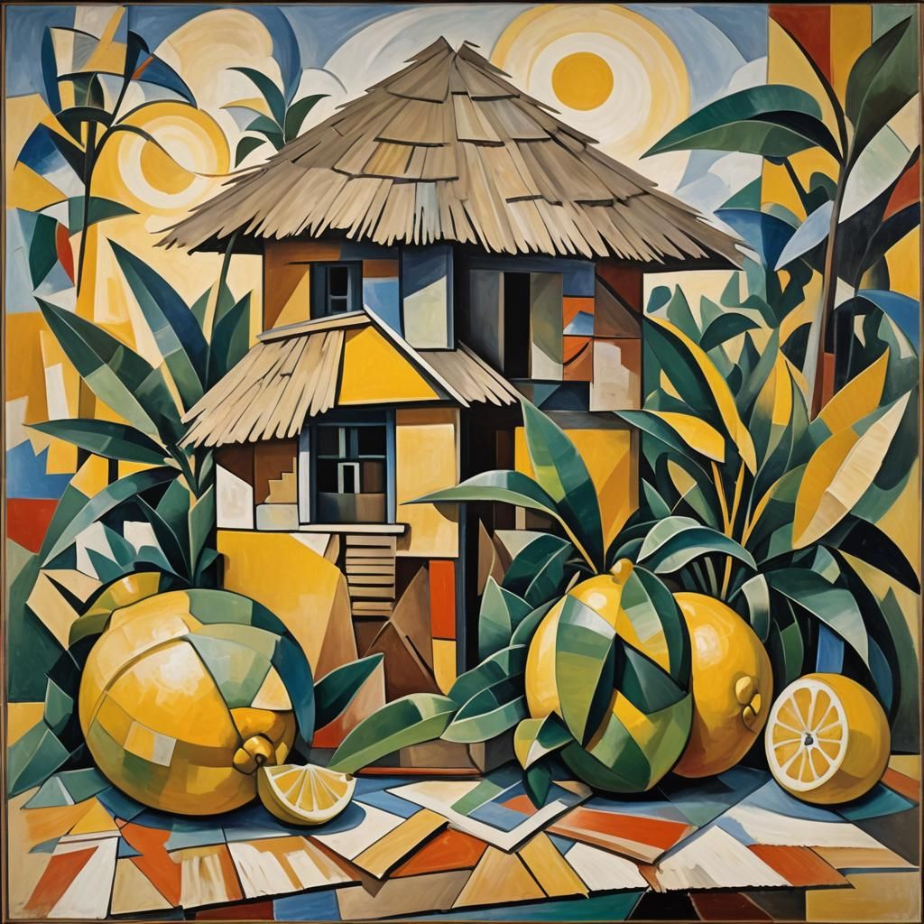 Cubist Still Life: Giant Lemon and Straw Hut