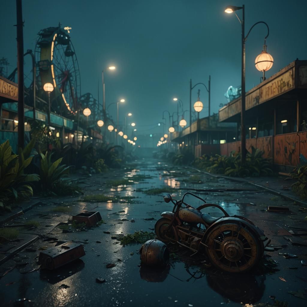 Abandoned 1960s Amusement Park at Night in 3D