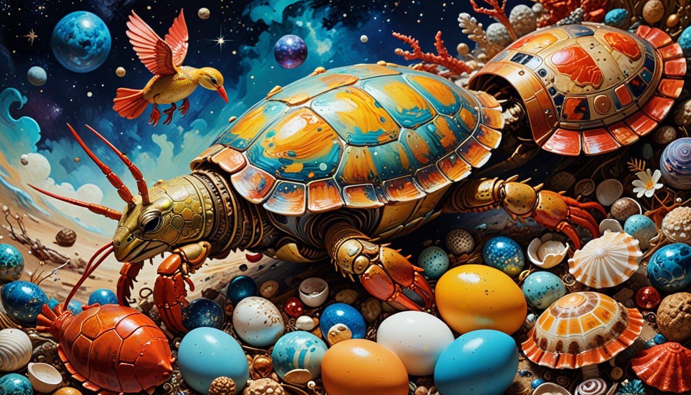 Surreal Impasto Scene with Lobster and Duckling