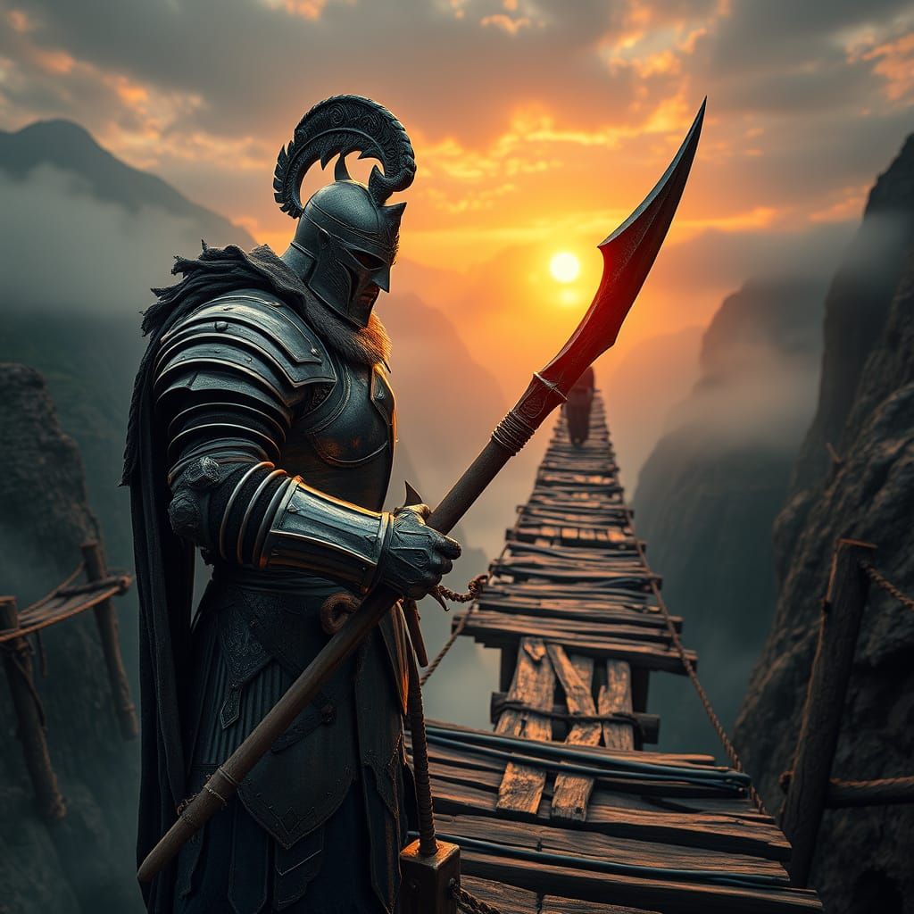 Epic Fantasy Knight on Ancient Bridge