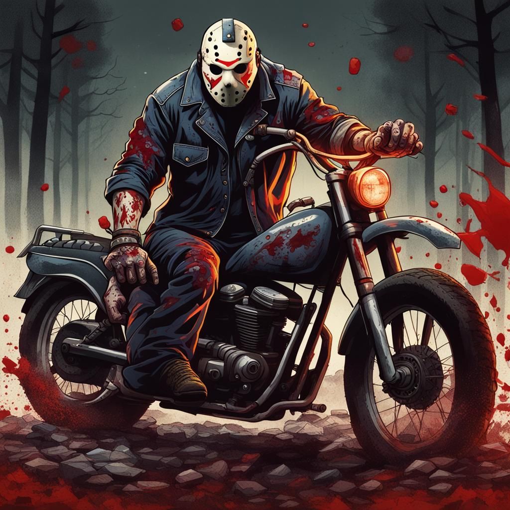 Jason Voorhees on Motorcycle: Hyperrealistic Portrait
