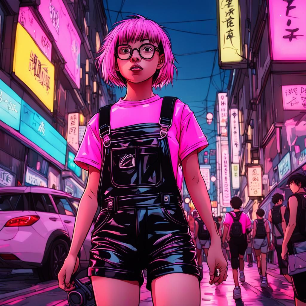 Anime Woman in Pink Latex Cityscape, Clip Studio Paint