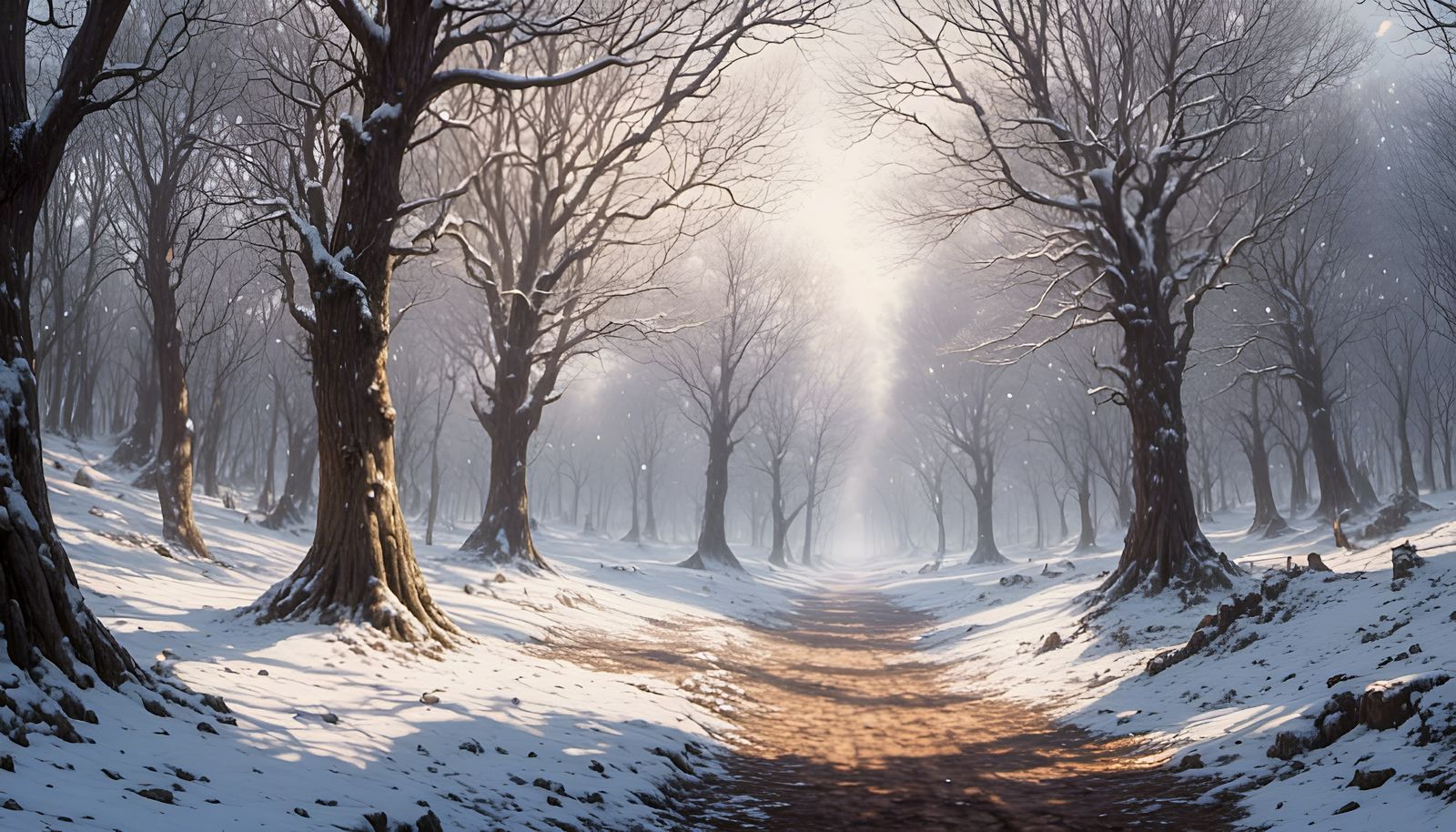 Serene Winter Day: Snowy Ground and Shady Trees