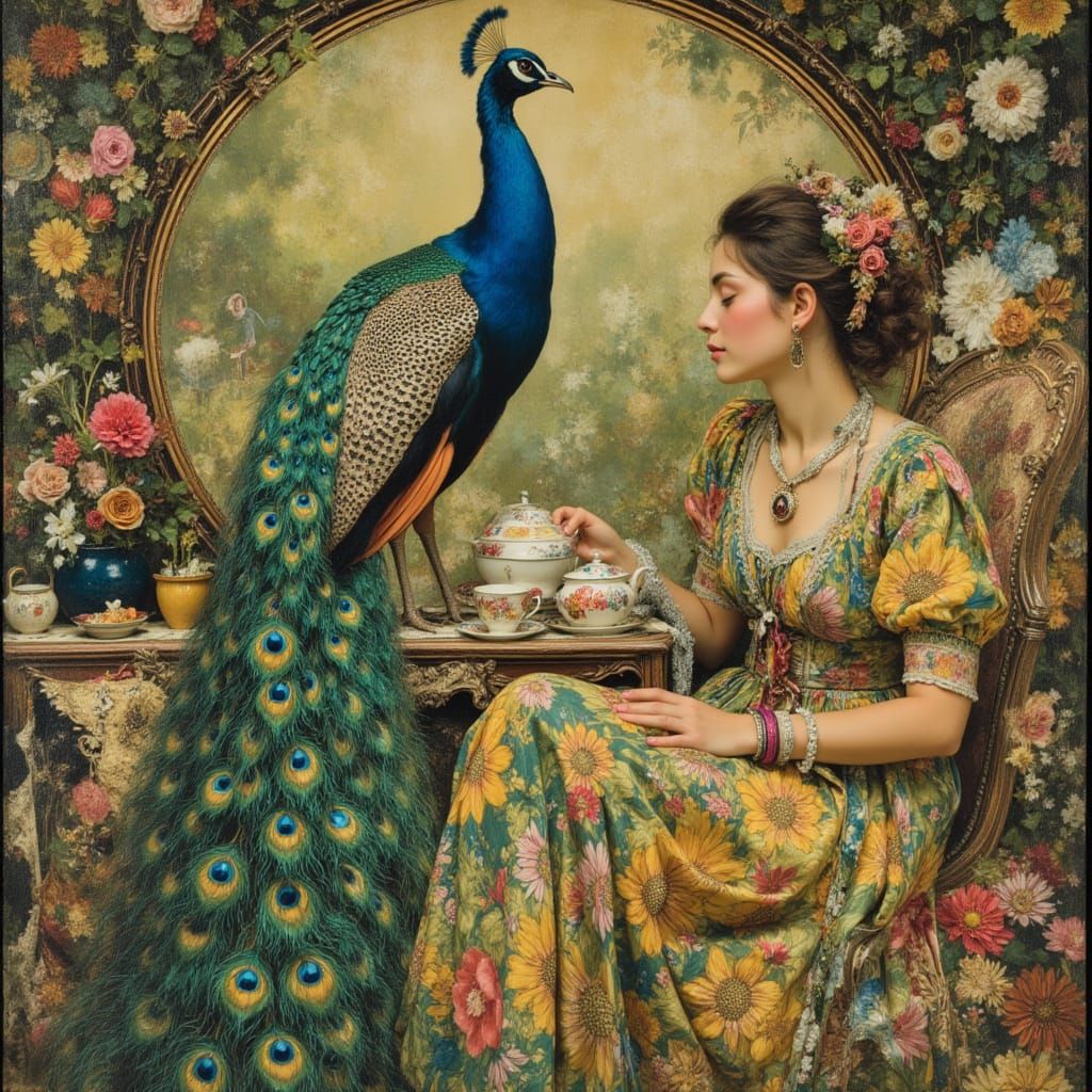Art Nouveau Peacock in Tea Garden, Klimt Style