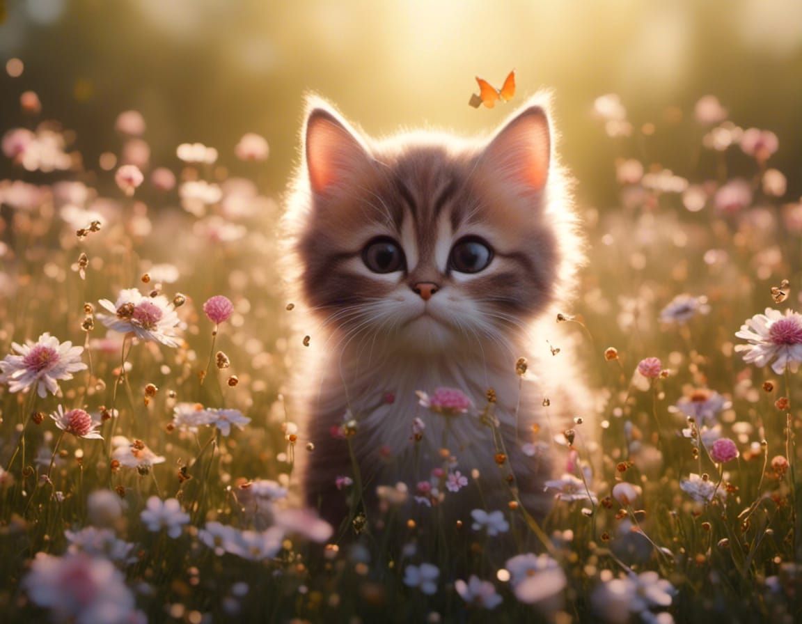 Big-Eyed Kitten in Jeweled Sunny Flower Meadow