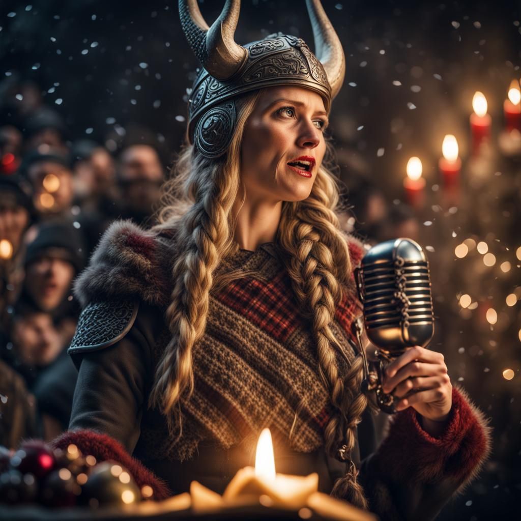 Hyperrealistic Viking Woman Sings Christmas Carols