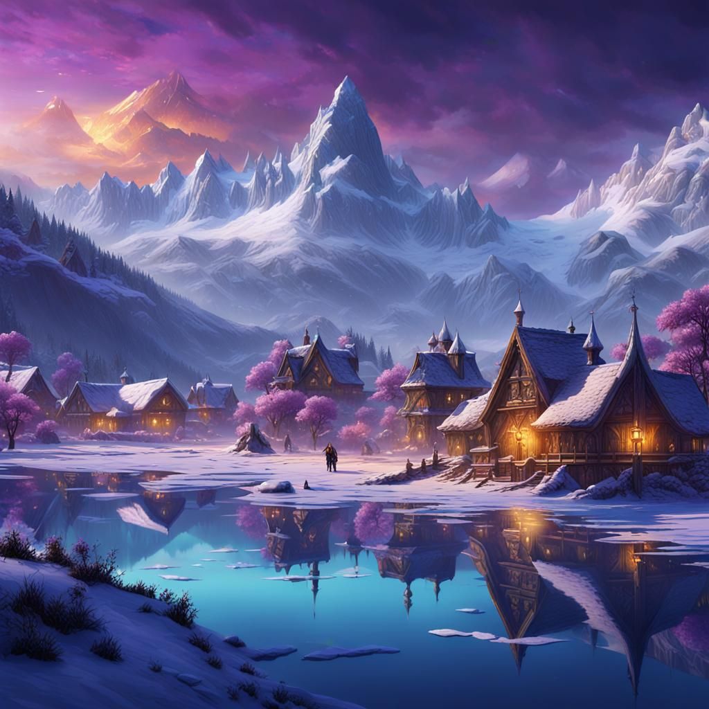 Iced Lake Village: Dark Fantasy Concept Art