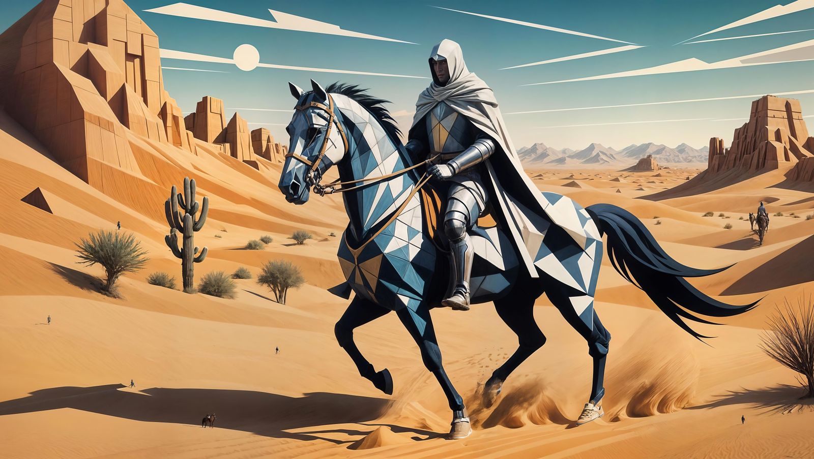 Assassin Knight in Desert Landscape, Cubist Style