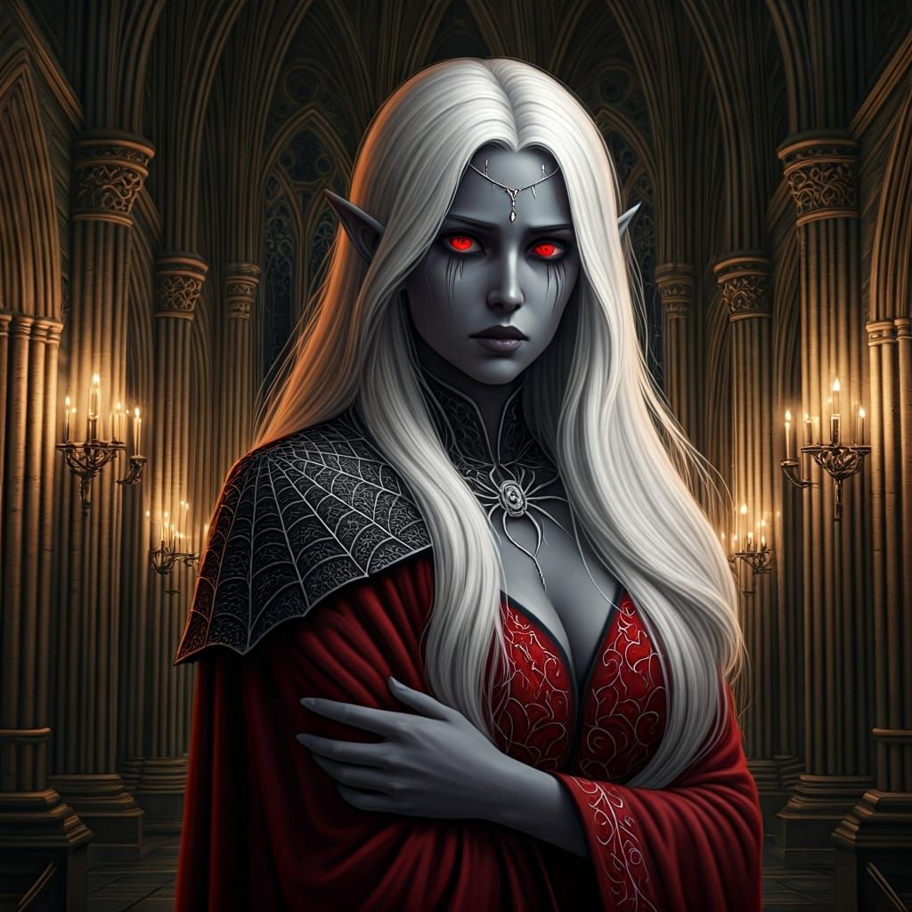 Shy Drow in Gothic Cathedral: Dark Fantasy Art