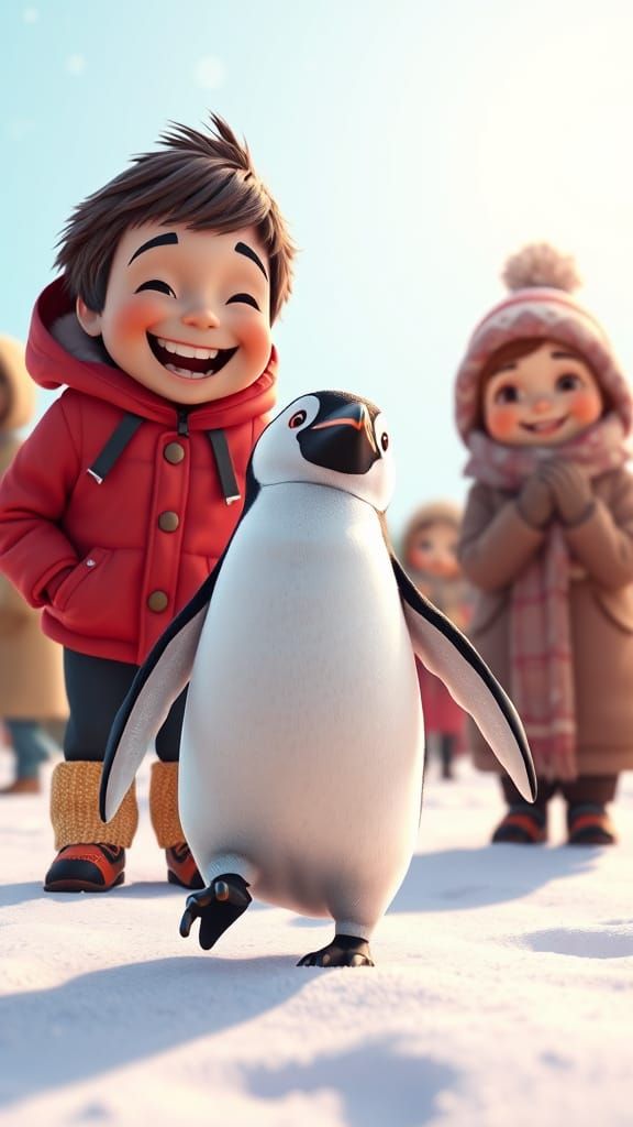 Whimsical Winter Scene: Penguin and Family