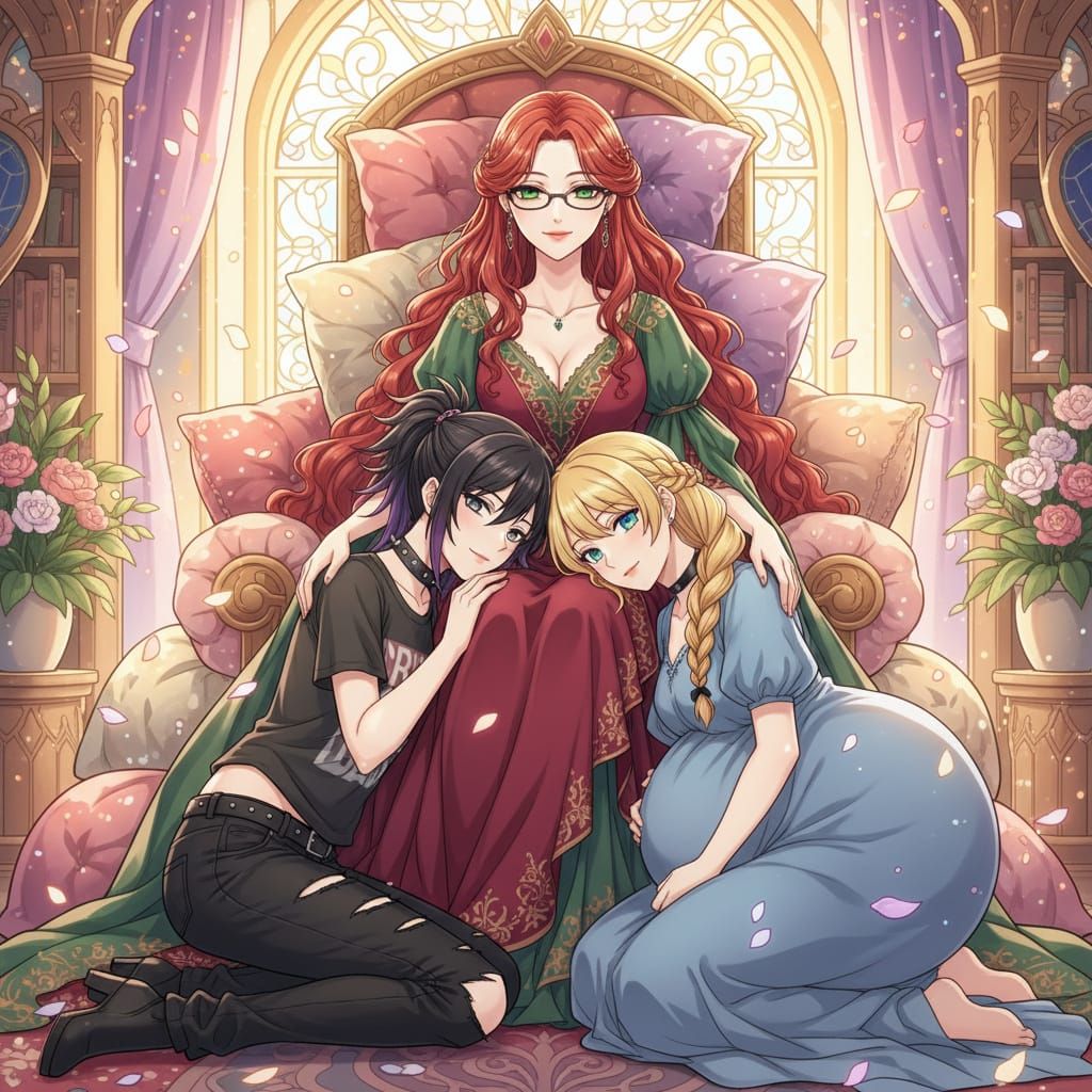 Majestic Woman on Pillow Throne with Two Wives