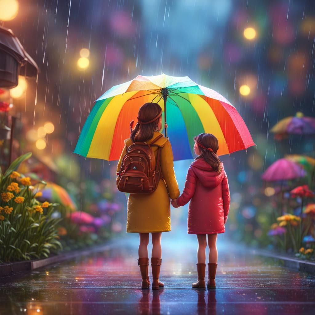 Mother and Daughter Enjoying Rainy Day: 3D Digital Art