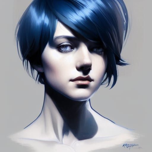 Blue-Haired Girl Portrait in Artstation Style