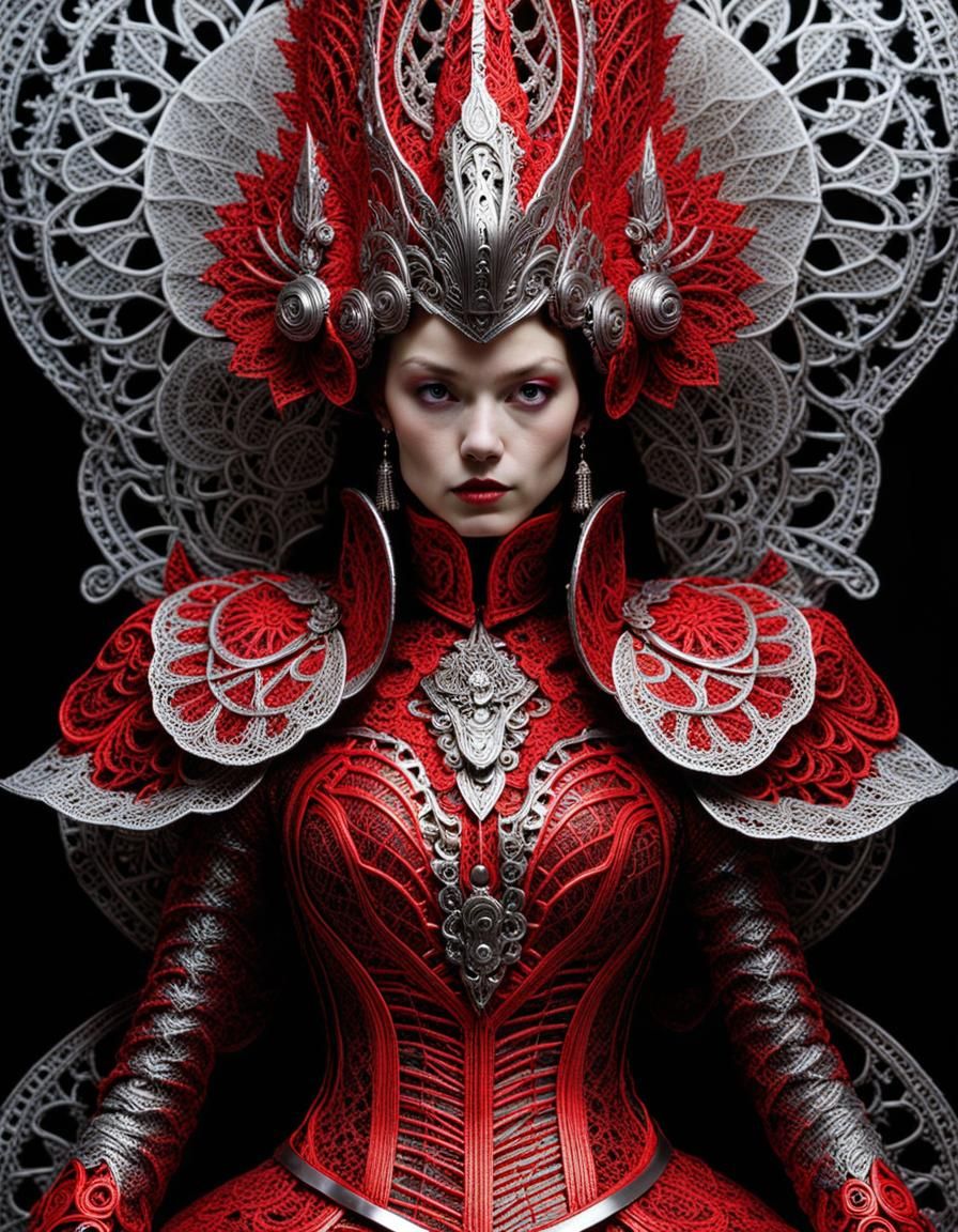 Cybernetic Neon Lace Queen in Futuristic Landscape