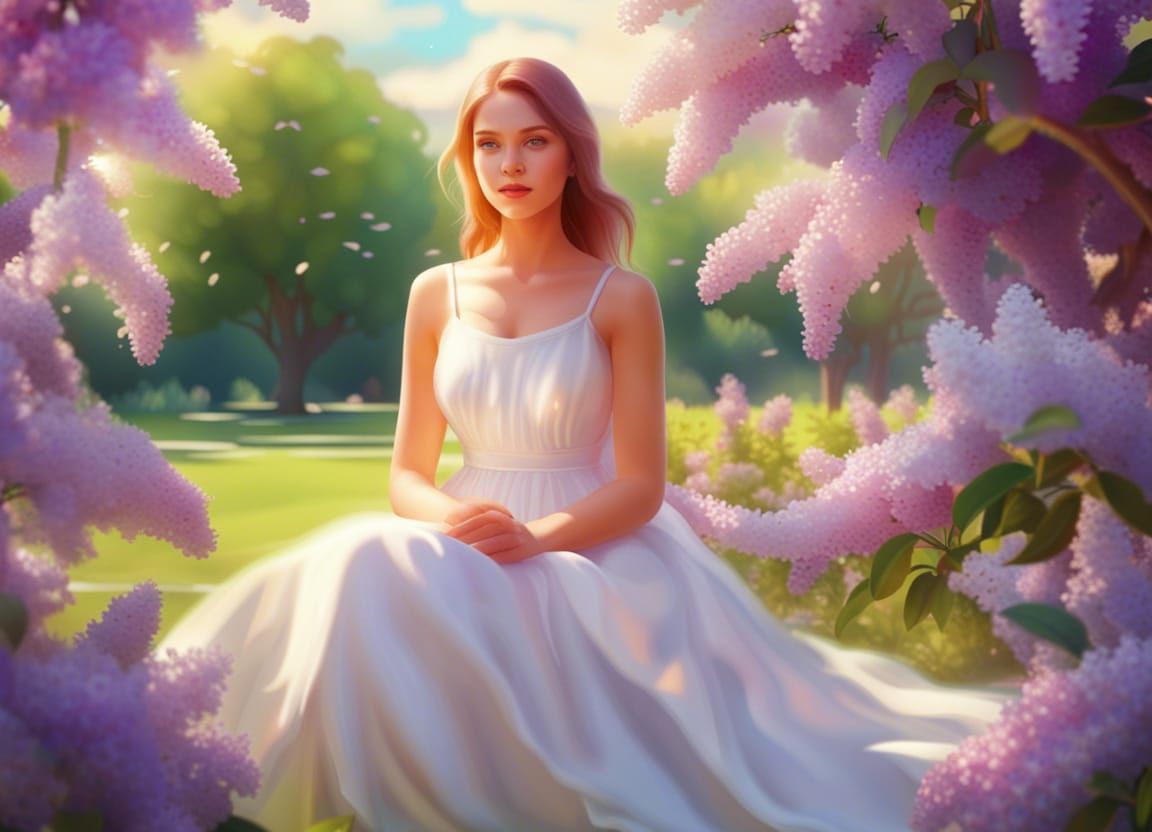 Girl in Lilacs: Elegant Iridescent 3D Artwork