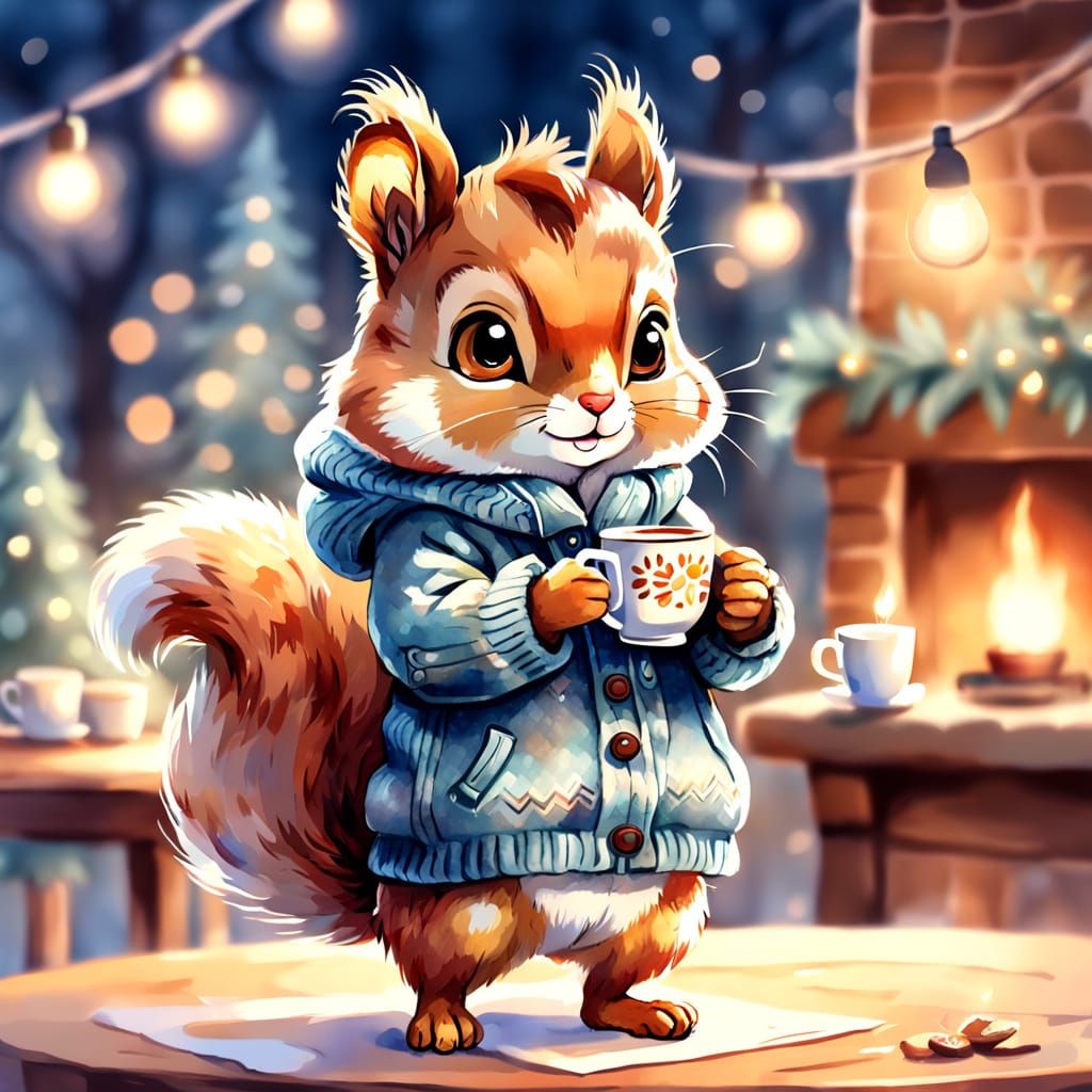 Cute Squirrel in Clothes Holding Tea, Watercolor Sketch