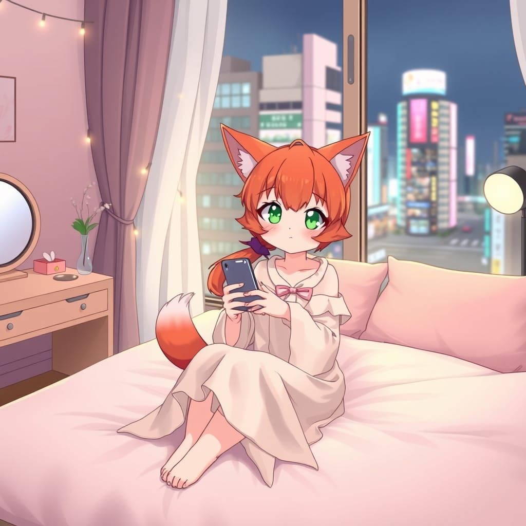 Whimsical Japanese Neko Lady in Cozy Bedroom Scene