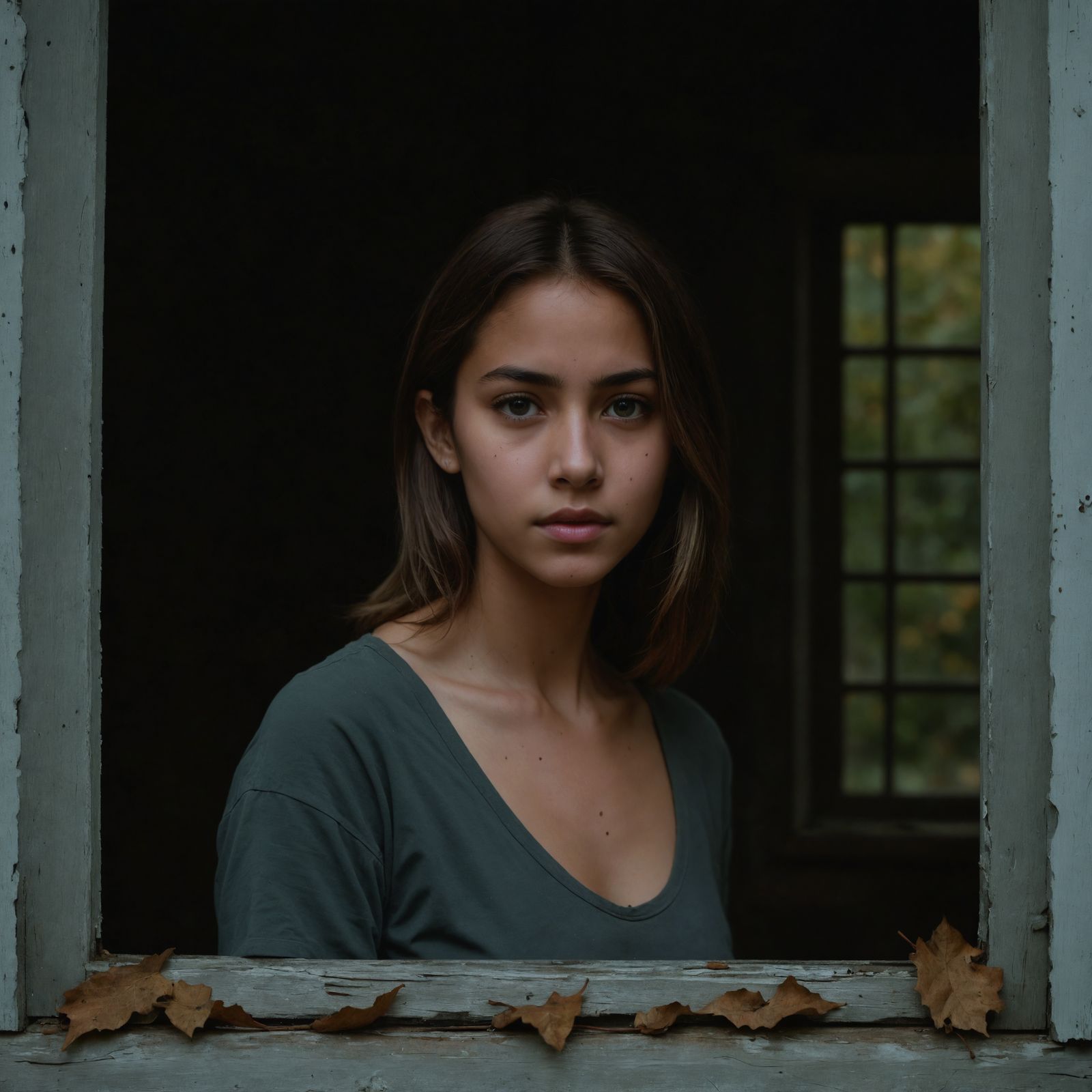 A Young Woman Contemplates in a Weathered Window Frame